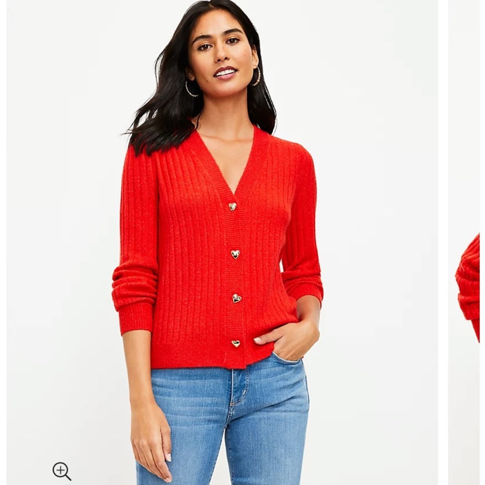 LOFT NWT Heart Button Puff Sleeve V-Neck Cardigan - Red‎ - Picture 2 of 3